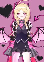 1girl absurdres ahoge akamatsu_kaede black_shorts blonde_hair breasts cowboy_shot danganronpa_(series) danganronpa_v3:_killing_harmony demon_girl demon_horns fortissimo hair_ornament highres horns jacket juliet_sleeves large_breasts long_hair long_sleeves looking_at_viewer motitayadayo musical_note musical_note_hair_ornament open_clothes open_jacket open_mouth pink_eyes puffy_sleeves shirt shorts smile