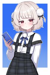 1girl absurdres blush cellphone hair_ornament highres holding holding_phone o_henji_madakana_ojisan_koubun_(voisona) phone pom_pom_(clothes) pom_pom_hair_ornament red_eyes shirt short_hair skirt smartphone solo ui_(voisona) virtual_youtuber white_shirt zing_(z_z_zing)