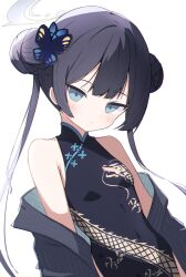 1girl bare_shoulders black_dress black_hair black_jacket blue_archive blue_eyes blush breasts butterfly_hair_ornament closed_mouth commentary double_bun dress grey_halo hair_bun hair_ornament halo highres jacket kisaki_(blue_archive) long_hair looking_at_viewer off_shoulder open_clothes open_jacket sasanekomaru simple_background sleeveless sleeveless_dress small_breasts solo upper_body white_background