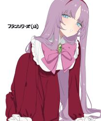 1girl :o aged_down all_fours blue_eyes bow bowtie character_age character_name collar dress eurasia_(wtp09ptw14) francoise_(eurasia) frilled_collar frills highres long_hair long_sleeves looking_at_viewer official_alternate_eye_color original pink_bow pink_bowtie purple_hair red_dress solo