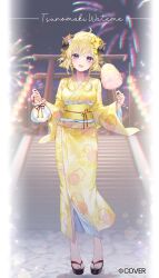 1girl ahoge anaglyph animal_ears bag black_sandals blonde_hair blurry blurry_background character_name commentary_request copyright_notice cotton_candy fireworks floral_print floral_print_kimono flower food full_body hair_flower hair_ornament highres holding holding_bag holding_cotton_candy holding_food hololive holonatsu_paradise horns japanese_clothes kimono looking_at_viewer night obi official_alternate_costume official_alternate_hairstyle official_art open_mouth print_kimono purple_eyes sandals sash sheep_ears sheep_girl sheep_horns short_hair_with_long_locks smile solo standing summer_festival taya_oco tsunomaki_watame tsunomaki_watame_(holonatsu_paradise) virtual_youtuber wide_sleeves yellow_kimono yellow_sash yukata