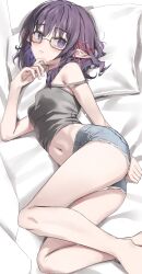 1girl absurdres barefoot camisole commission cutoffs glasses grey_camisole highres long_hair looking_at_viewer lying midriff navel on_side original pillow pointy_ears purple_eyes purple_hair scarlet_(wv0102) semi-rimless_eyewear shorts solo under-rim_eyewear