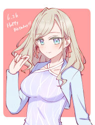 1girl blue_eyes blue_jacket border breasts ceras_yanagida_lilienfeld ceras_yanagida_lilienfeld_(summer_training_wear) closed_mouth collarbone commentary criss-cross_halter cropped_jacket dated grey_hair hair_ribbon halter_shirt halterneck happy_birthday highres jacket large_breasts link!_like!_love_live! long_hair long_sleeves love_live! official_alternate_costume open_clothes open_jacket outside_border pink_background pink_ribbon purple_shirt reason3_s ribbon shirt simple_background smile solo split_mouth upper_body virtual_youtuber white_border