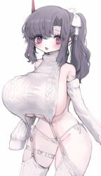 1girl bare_shoulders black_hair blush bow breasts cropped_legs curvy dress fang garter_belt garter_straps hair_bow hair_ribbon highres huge_breasts long_hair looking_at_viewer meme_attire mole naked_sweater open_mouth original panties pink_eyes red_eyes ribbed_sweater ribbon shishamosama side_ponytail sideboob simple_background skindentation sleeves_past_fingers sleeves_past_wrists smile solo sweater sweater_dress thighhighs turtleneck turtleneck_sweater twintails underboob underwear virgin_killer_sweater wavy_hair white_background white_bow white_panties