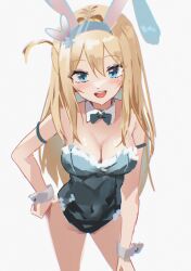 1girl :d alternate_costume animal_ear_hairband animal_ears bare_shoulders blonde_hair blue_bow blue_bowtie blue_eyes blue_hairband blue_leotard blush bow bowtie breasts cleavage commentary covered_navel cowboy_shot danraz0r detached_collar english_commentary fake_animal_ears girls&#039;_frontline girls&#039;_frontline_2:_exilium hair_between_eyes hairband hand_on_own_hip highres large_breasts leotard long_hair looking_at_viewer open_mouth playboy_bunny rabbit_ear_hairband rabbit_ears simple_background smile solo strapless strapless_leotard suomi_(girls&#039;_frontline) suomi_(girls&#039;_frontline_2) teeth upper_teeth_only white_background white_wrist_cuffs wrist_cuffs