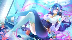 Rule 34 | 1girl, absurdres, anchor symbol, black hair, blinking, blue eyes, blue hair, blue thighhighs, breasts, commission, coral, gold collar, heterochromia, highres, holding, holding smoking pipe, horns, iinkpea, indie virtual youtuber, large breasts, long hair, mole, mole under eye, mole under mouth, monocle, multicolored hair, multiple moles, nail polish, natomiie (vtuber), purple eyes, purple nails, single thighhigh, smile, smoking pipe, solo, stirrup legwear, streaked hair, tail, tassel, thighhighs, toeless legwear, toenail polish, toenails, twitter username, underwater, vgen commission, virtual youtuber