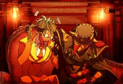 Rule 34 | 2boys, black hair, dark-skinned male, dark skin, demiurge (overlord), demon boy, demon tail, formal clothes, glasses, goat boy, goat horns, hair slicked back, horns, mashur00m, multiple boys, overlord (maruyama), pointy ears, red suit, sitting, suit, tail, ulbert alain odle