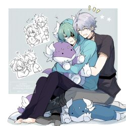Rule 34 | 2boys, alternate costume, anaxa (honkai: star rail), animal costume, barefoot, black pants, black shirt, blue hoodie, boots, brown pants, brown shoes, chibi, chibi inset, closed eyes, commentary, cosplay, dromas (honkai: star rail), eyepatch, green hair, grey background, grey hair, happy, happy aura, holding, holding stuffed toy, honkai: star rail, honkai (series), hood, hoodie, kigurumi, knee boots, male focus, multiple boys, open mouth, pants, phainon (honkai: star rail), sekken88, shirt, shoes, short hair, short sleeves, simple background, sitting, sitting on lap, sitting on person, smile, star (symbol), stuffed animal, stuffed dragon, stuffed toy, white background, yaoi