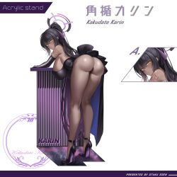 1girl ass bare_shoulders bent_over black_hair black_panties blue_archive blunt_bangs blush breasts dark_skin dress full_body gloves hair_ribbon high_heels highres jinpaitugounan karin_(blue_archive) large_breasts leaning_forward long_hair looking_at_viewer looking_back panties ponytail ribbon shoulder_tattoo solo tattoo thighs underwear yellow_eyes