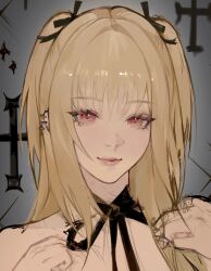 1girl amane_misa black_choker blonde_hair choker choppy_bangs cross cross_piercing death_note ear_piercing grey_background hair_ribbon highres light_smile long_hair nude piercing portrait red_eyes ribbon ribbon_choker sumi_(suumiko_) two_side_up unfinished
