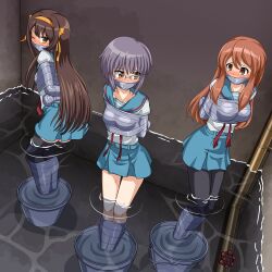 Rule 34 | absurdres, arms behind back, asahina mikuru, bdsm, bondage, bound, bound arms, bound legs, collarbone, gag, gagged, glasses, highres, improvised gag, nagato yuki, struggling, suzumiya haruhi, suzumiya haruhi no yuuutsu, tape, tape bondage, tape gag, taped arms, taped fingers, taped hands, taped legs, thalter39o, worried