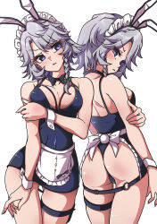 1girl adapted_costume animal_ear_hairband animal_ears apron arm_under_breasts ass back backboob bare_shoulders black_bow black_bowtie blue_eyes blue_leotard bow bowtie braid breasts closed_mouth commentary_request cowboy_shot fake_animal_ears fake_tail gokuu_(acoloredpencil) green_bow grey_hair hair_bow hairband highres izayoi_sakuya leotard looking_at_viewer looking_back maid_headdress medium_breasts multiple_views o-ring playboy_bunny rabbit_ear_hairband rabbit_ears rabbit_tail side_braid simple_background tail thigh_strap touhou v-shaped_eyebrows waist_apron white_apron white_background wrist_cuffs