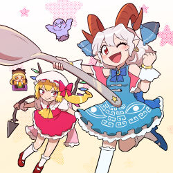 3girls ascot blonde_hair blue_bow bow crystal eagle_spirit_(touhou) eye_print flandre_scarlet green_skirt hat hat_ribbon holding holding_spork horn_ornament horn_ribbon horns image_sample kasugai_(de-tteiu) laevatein_(touhou) magical_girl mary_janes matara_okina meandros mob_cap multicolored_wings multiple_girls non-web_source orange_sleeves orange_tabard oversized_object patterned_clothing pixiv_sample puffy_short_sleeves puffy_sleeves red_eyes red_skirt red_sleeves red_vest ribbon sheep_horns shoes short_sleeves side_ponytail simple_background skirt skirt_set spork tabard touhou toutetsu_yuuma utensil vest wings yellow_ascot
