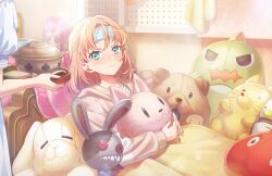 2girls blue_shirt blush brown_jacket chinese_spoon closed_mouth cold_pack game_cg gonzales_(love_live!) hasu_no_sora_school_uniform highres hinoshita_kaho hinoshita_kaho_(summer_loungewear) holding holding_tray hood hooded_jacket indoors jacket link!_like!_love_live! long_sleeves love_live! multiple_girls murano_sayaka non-web_source nose_blush official_art on_bed open_clothes open_jacket puffy_short_sleeves puffy_sleeves reclining school_uniform shirt short_sleeves sick smile solo_focus split_mouth standing steam stuffed_animal stuffed_cat stuffed_dinosaur stuffed_dog stuffed_fox stuffed_penguin stuffed_rabbit stuffed_tomato stuffed_toy summer_uniform too_many_dolls tray virtual_youtuber wooden_tray