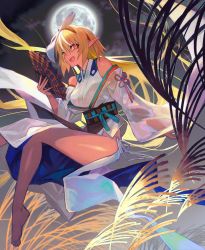 1girl alternate_costume alternate_hair_length alternate_hairstyle bare_legs barefoot blonde_hair blue_nails breasts cloud cloudy_sky commentary dark-skinned_female dark_skin folding_fan fox_mask full_body full_moon hair_between_eyes hand_fan highres holding holding_fan hololive japanese_clothes kimono lack looking_at_viewer mask mask_on_head medium_breasts moon multicolored_hair nail_polish night night_sky obi open_mouth orange_eyes outdoors pointy_ears sash see-through_clothes see-through_sleeves shiranui_flare short_hair sky smile solo streaked_hair thighs two-tone_hair virtual_youtuber white_hair white_kimono wide_sleeves