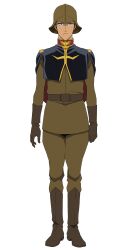 1boy belt black_eyes boots brown_boots brown_gloves brown_helmet brown_pants capelet epaulettes full_body gloves gundam gundam_gquuuuuux helmet highres looking_at_viewer male_focus military_uniform mulligan_(gundam) official_art pants simple_background solo standing transparent_background zeon