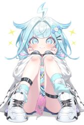 1girl absurdres black_choker blue_eyes blue_hair blue_shirt blue_shorts blue_socks blush choker closed_mouth commentary_request hair_ornament hairclip hands_on_own_cheeks hands_on_own_face highres hololive hololive_dev_is jacket knee_strap knees_up lightning_ahoge long_sleeves looking_at_viewer mizumiya_su multicolored_hair navel o-ring o-ring_choker open_clothes open_jacket panties panty_peek pink_hair pink_panties revision shirt shoes shorts sitting smile sneakers socks solo streaked_hair syam_illust thigh_strap two-tone_hair underwear virtual_youtuber white_background white_jacket white_shoes