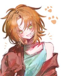 Rule 34 | 1boy, blue tank top, brown hair, brown jacket, chinese commentary, collarbone, commentary request, curtained hair, eyes visible through hair, fangs, green eyes, hand up, happy aura, highres, jacket, long sleeves, male focus, open clothes, open jacket, open mouth, parted bangs, paw print, saibou shinkyoku, shinano eiji, short hair, simple background, single bare shoulder, sleeves past fingers, sleeves past wrists, smile, solo, tank top, tsurime, upper body, white background, zhi2490178