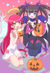 2girls :d angel angel_and_devil steamed_bun bare_shoulders bare_tree barefoot black_pantyhose black_skirt blue_eyes boots brown_hair commentary_request demon_tail dress elbow_gloves fang flower food full_body gloves hair_down halloween halloween_costume halo hands_up holding holding_food holding_vegetable idol_clothes jack-o&#039;-lantern kneeling ku_(residual666) kurosu_aroma long_hair looking_at_viewer multiple_girls navel open_mouth pantyhose pink_flower pink_gloves pink_rose pretty_series pripara pumpkin purple_footwear red_hair rose shiratama_mikan skirt smile star_(symbol) tail thigh_strap tree twintails vegetable very_long_hair white_dress white_wings wings yellow_eyes yellow_halo