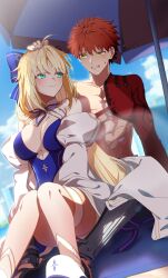 1boy 1girl abs absurdres ahoge artoria_caster_(fate) artoria_caster_(swimsuit_berserker)_(fate) artoria_caster_(swimsuit_berserker)_(third_ascension)_(fate) artoria_pendragon_(fate) blonde_hair blush commentary commission emiya_shirou english_commentary fate/grand_order fate_(series) highres kpaoi long_hair looking_at_another red_hair senji_muramasa_(fate) skeb_commission swimsuit toned toned_male topless_male yellow_eyes