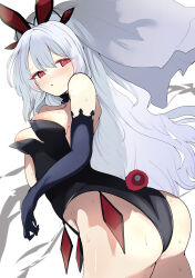 1girl areola_slip ass bare_shoulders black_gloves black_leotard blush cowboy_shot duel_monster elbow_gloves embarrassed gloves guiding_quem_the_virtuous highres kawa_mura leotard long_hair looking_back no_bra red_eyes simple_background solo sweat veil white_background white_hair yu-gi-oh!