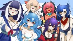 Rule 34 | 6+girls, ahoge, akuma nihmune, bandana, bandana around neck, bao (vtuber), belt collar, black eyes, black hair, blonde hair, blue collar, blue hair, blue overalls, blue sailor collar, blue skirt, breasts, bright pupils, brown eyes, closed mouth, collar, colored extremities, dark-skinned female, dark skin, facial mark, fang, hair ornament, heart, heart hands, heart necklace, heikevbo, high-waist skirt, highres, indie virtual youtuber, jewelry, large breasts, multicolored hair, multiple girls, neckerchief, necklace, open mouth, overalls, pink hair, purple eyes, red neckerchief, sailor collar, sanagi yuzu, school uniform, see-through clothes, see-through shirt, shirt, shylily, skirt, smile, star (symbol), star hair ornament, streaked hair, thumbs up, trickywi, twitter username, vienna (vtuber), white hair, white pupils, white shirt, yellow eyes
