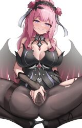 1girl absurdres arm_warmers ass bare_shoulders black_dress black_shoes black_survival blue_eyes breasts brown_pantyhose charlotte_(black_survival) cleavage closed_mouth commentary detached_collar dress eternal_return:_black_survival hand_on_own_crotch head_tilt headdress high_heels highres large_breasts long_hair looking_at_viewer mikiri official_alternate_costume pantyhose pink_hair ponytail shoes short_dress simple_background smile solo spread_legs spread_pussy spread_pussy_under_clothes squatting strapless strapless_dress thigh_strap torn_clothes torn_pantyhose white_background wings