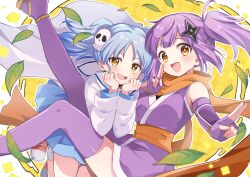 2girls absurdres blue_hair blue_serafuku ear_piercing end_card gloves grid_background hair_ornament hara_yui highres izutsumi_marin japanese_clothes kimono kuji-in kusagakure_satoko leaf looking_at_viewer multiple_girls ninja ninja_to_koroshiya_no_futarigurashi official_art open_mouth orange_eyes orange_sash orange_scarf piercing purple_hair purple_kimono purple_thighhighs scarf school_uniform serafuku sharp_teeth shirt shoes shuriken_hair_ornament side_ponytail skirt skull_hair_ornament sleeveless smile sneakers teeth thighhighs twintails yellow_background yellow_eyes