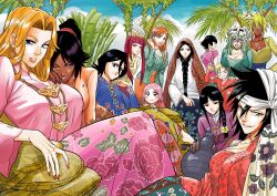 Rule 34 | 6+girls, :d, absurdres, annoyed, aqua hair, aqua shirt, barefoot, black eyes, black hair, bleach, blonde hair, blue shirt, blue sky, blunt bangs, braid, breasts, cleavage, closed mouth, dark-skinned female, dark skin, day, dokugamine riruka, dress, espada, floral print, hair between eyes, highres, inoue orihime, kei dragonsheaven, kuchiki rukia, kurotsuchi nemu, kusajishi yachiru, large breasts, long sleeves, looking at viewer, matsumoto rangiku, multiple girls, nelliel tu odelschwanck, open mouth, orange dress, orange hair, orange skirt, pink dress, pink hair, ponytail, print dress, red hair, sarugaki hiyori, shiba kuukaku, shihouin yoruichi, shirt, short hair, single braid, sitting, skirt, sky, smile, sui-feng, tier harribel, twintails, unohana retsu, wide sleeves, yellow shirt