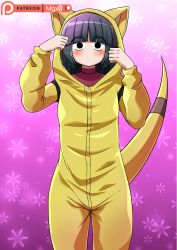 1girl abra abra_(cosplay) absurdres animal_ears artist_name black_hair buttons cosplay crossover english_text gen_1_pokemon gym_leader highres komi-san_wa_komyushou_desu long_hair mgx0 nintendo pajamas patreon_logo pokemon pokemon_rgby purple_background red_eyes sabrina_(pokemon) tail