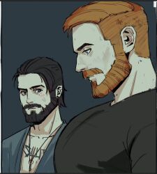 2boys bara beard black_hair brothers facial_hair far_cry far_cry_5 from_side full_beard girl_staring_at_guy&#039;s_chest_(meme) jacob_seed john_seed large_pectorals looking_at_pectorals looking_down male_focus mature_male meme multiple_boys muscle_envy muscular muscular_male orange_hair pectorals photo-referenced short_hair siblings skaldsnshadow thick_eyebrows upper_body