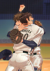 2boys ace_of_diamond ass baseball baseball_glove baseball_jersey baseball_uniform brown_hair closed_eyes glasses goggles highres hug huge_ass jersey male_focus miyuki_kazuya multiple_boys nume_x pants sawamura_eijun shirt short_hair sportswear white_shirt yaoi