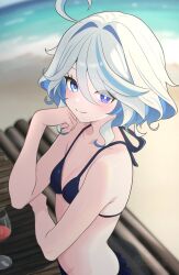 1girl absurdres beach bikini black_bikini blue_eyes blue_hair breasts closed_mouth furina_(genshin_impact) futatunoniji genshin_impact glass hair_between_eyes heterochromia highres looking_at_viewer medium_hair midriff multicolored_hair ocean small_breasts smile solo stomach streaked_hair swimsuit symbol-shaped_pupils white_hair