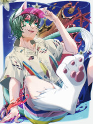 Rule 34 | 1boy, absurdres, animal ears, animification, cat ears, duffy and friends, flower, gelatoni, highres, humanization, looking at viewer, male focus, personification, shirt, short hair, simple background, smile, solo, touri0004, visor cap