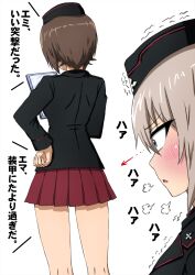 Rule 34 | 2girls, arrow (symbol), black hat, black jacket, blue eyes, blush, breath, brown hair, clipboard, commentary, female pervert, from behind, garrison cap, girls und panzer, grey hair, hand on own hip, hat, heavy breathing, highres, holding, holding clipboard, itsumi erika, jacket, kneepits, kuromorimine military uniform, long sleeves, looking at another, medium hair, military hat, military uniform, miniskirt, multiple girls, nishizumi maho, omachi (slabco), pervert, pleated skirt, red skirt, short hair, skirt, standing, translation request, trembling