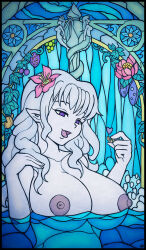 1boy 1girl breasts cleavage colored_skin demon_girl felarya flower food fruit giant giantess hair_flower hair_ornament highres jungle karbo lamia large_breasts long_hair monster_girl nature nipples open_mouth original pointy_ears purple_eyes stained_glass tongue vivian_(karbo) water white_hair