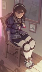 1girl absurdres ankle_boots ashigara_(kancolle) ashigara_kai_ni_(kancolle) black_skirt boots brown_eyes brown_hair chair commission fake_horns gloves hair_between_eyes hairband high_heel_boots high_heels highres horned_headwear horns kaddo kantai_collection long_hair long_sleeves military military_uniform miniskirt pantyhose pencil_skirt restrained sitting skirt solo wavy_hair white_gloves
