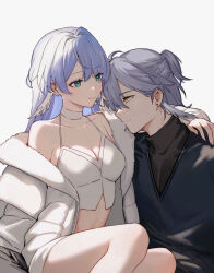 1boy 1girl arm_around_neck bare_shoulders black_pants black_shirt blue_hair breasts brother_and_sister choker cleavage coat crop_top ear_piercing feet_out_of_frame fur_coat green_eyes grey_hair hair_between_eyes hand_on_another&#039;s_shoulder highres honkai:_star_rail honkai_(series) incest jacket ji_yue long_hair looking_at_another medium_breasts midriff navel on_lap open_clothes open_jacket pants piercing ponytail robin_(honkai:_star_rail) shirt short_hair short_ponytail siblings simple_background sitting sitting_on_person sunday_(honkai:_star_rail) white_background white_choker white_jacket white_wings wings yellow_eyes