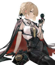 1girl :/ absurdres antique_phone arm_strap arm_support black_choker black_coat black_gloves black_pants black_ribbon blonde_hair blue_eyes braid breasts choker closed_mouth coat coat_on_shoulders collared_shirt corded_phone darr1o earrings evelyn_chevalier gloves hair_ribbon half_gloves high-waist_pants highres holding holding_phone jewelry knife large_breasts looking_at_viewer necktie o-ring pants pendant_choker phone red_coat ribbon rotary_phone shirt short_hair sideways_mouth simple_background single_half_glove sitting solo thigh_strap tight_clothes tight_pants two-sided_coat two-sided_fabric white_background white_shirt yellow_necktie zenless_zone_zero zipper zipper_pull_tab