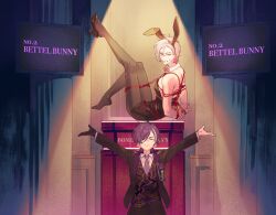 2boys a_horny_money_world_(houshou_marine) absurdres animal_ears arms_behind_back auction banzoin_hakka bdsm black_jacket black_leotard blue_eyes bondage bound bow bowtie closed_eyes collared_shirt detached_collar fake_animal_ears formal_clothes gavis_bettel hair_over_one_eye heterochromia high_heels highres holostars holostars_english jacket leg_up leotard lynnear male_focus male_playboy_bunny multiple_boys necktie outstretched_arms pantyhose pink_eyes playboy_bunny purple_hair purple_necktie rabbit_ears red_rope rope shibari shirt shoes single_shoe spotlight suit vest virtual_youtuber waistcoat white_hair