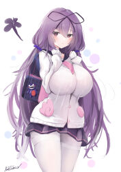 1girl azur_lane bag cosplay cowboy_shot hair_between_eyes highres jacket livetarica long_hair looking_at_viewer murasaki_(senran_kagura) official_alternate_costume pantyhose pleated_skirt senran_kagura senran_kagura_new_link skirt thighband_pantyhose unicorn_(azur_lane) unicorn_(azur_lane)_(cosplay) unicorn_(long-awaited_date)_(azur_lane) white_pantyhose