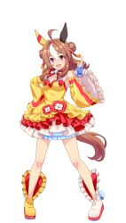 Rule 34 | 1girl, ahoge, animal ears, ankle boots, asymmetrical footwear, bad link, blue gloves, boots, breasts, brown hair, cleavage, copano rickey (umamusume), detached collar, detached sleeves, dress, ear covers, ear ornament, fingerless gloves, frilled dress, frills, full body, game model, gloves, hair between eyes, hair ornament, highres, horse ears, horse girl, horse tail, layered dress, long hair, looking at viewer, medium breasts, mismatched footwear, multicolored hair, open mouth, red eyes, solo, standing, tachi-e, tail, tassel, tassel hair ornament, transparent background, two-tone hair, umamusume, white boots, white hair, yellow boots, yellow dress