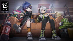 2girls absurdres ahoge anby_demara asymmetrical_legwear bag belle_(zenless_zone_zero) black_thighhighs blue_hair boots box burger closed_mouth cola couch crossed_legs cup drink eating food food_on_face full_body green_eyes grey_hair guitar hair_ornament hairclip head_rest headphones highres holding holding_drink holding_food hood hood_down indoors instrument jacket letter_hair_ornament long_sleeves multicolored_hair multiple_girls on_couch onejio orange_eyes orange_socks paper_bag shoes short_hair single_sock single_thighhigh sitting skirt sneakers socks soda soda_bottle thighhighs white_hair zenless_zone_zero