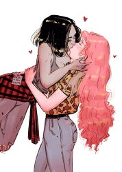 2girls adventure_time alternate_costume arms_around_waist artist_name bare_arms belt black_belt black_hair blue_pants breasts candy_print casual cleavage closed_eyes clothes_around_waist colored_skin commentary couple cowboy_shot denim english_commentary food_print freckles green_shirt grey_pants grey_skin grey_tank_top hand_on_another&#039;s_neck heart highres jacket jacket_around_waist jeans kelsijosilva kiss light_blush lipstick long_hair makeup marceline_abadeer medium_hair multiple_girls pants pink_hair pink_lips plaid_clothes plaid_jacket pocket princess_bonnibel_bubblegum red_jacket shirt short_sleeves simple_background standing tank_top thick_eyebrows torn_clothes torn_jeans torn_pants very_long_hair wavy_hair white_background yuri