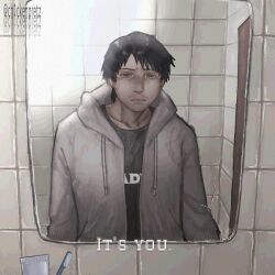 1boy bathroom black_hair black_shirt ceiling_light ch1ckenpretz cry_of_fear despite_everything_it&#039;s_still_you_(meme) door english_text grey_hoodie highres hood hood_down hoodie looking_at_viewer male_focus meme mirror reflection reflection_focus reflective_surface shirt short_hair simon_henriksson solo standing tile_wall tiles toothbrush toothpaste unzipped