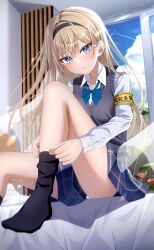 1girl adjusting_clothes adjusting_legwear armband black_hairband black_socks blonde_hair blue_bow blue_bowtie blue_eyes blue_skirt blush bow bowtie breasts buttons cloud cloudy_sky commentary_request cowboy_shot day dressing grey_sweater_vest hair_intakes hairband highres indoors kunimine_yuzuki light_particles long_hair long_sleeves looking_at_viewer on_bed original panties pantyshot parted_lips plaid_clothes plaid_skirt plant school_uniform shirt sitting skirt sky small_breasts socks solo sweater_vest thighs underwear white_panties white_shirt wind window