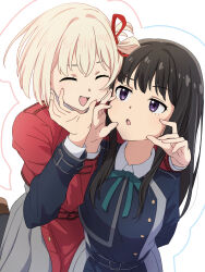 2girls :d :o belt black_hair blonde_hair blue_belt blue_dress commentary_request dress green_ribbon grey_dress hair_ribbon highres inoue_takina looking_at_another lycoris_recoil lycoris_uniform mochi_(znkn4524) multiple_girls neck_ribbon nishikigi_chisato open_mouth purple_eyes red_belt red_dress red_ribbon ribbon smile tongue two-tone_dress white_background