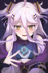 1girl absurdres black_bra bra breasts cube hair_between_eyes henya_the_genius henya_the_genius_(1st_costume) highres jacket long_hair long_hair_between_eyes looking_at_viewer misoraamenx open_mouth purple_hair purple_jacket small_breasts solo underwear virtual_youtuber vshojo yellow_eyes