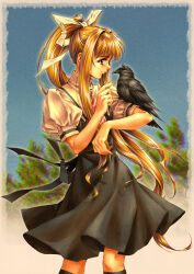 1girl absurdres air_(visual_novel) animal_on_arm bird bird_on_arm blonde_hair blue_eyes crow dress highres kamio_misuzu long_hair longmei_er_de_tuzi ponytail profile sailor_dress sidelocks smile solo