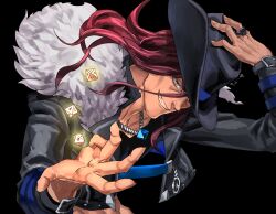 1boy artist_name black_background black_shirt commentary_request cropped_jacket dice fedora fur-trimmed_jacket fur_trim glowing grey_eyes grin hand_on_headwear hands_up hat jacket jewelry long_hair male_focus megido72 mephisto_(megido72) necklace oyatsu_(hana) red_hair ring shirt simple_background smile solo upper_body